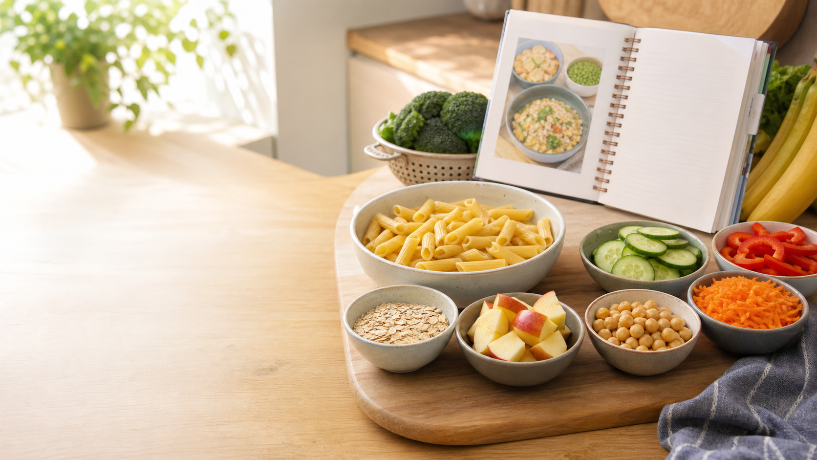 A bright kitchen table with simple ingredients and an open cookbook
